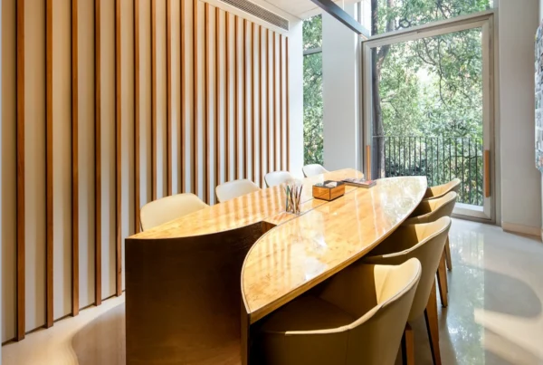 Architectural studio office meeting room linear light pendant erco lighting up down light minimal design award wining brown wooden interiors